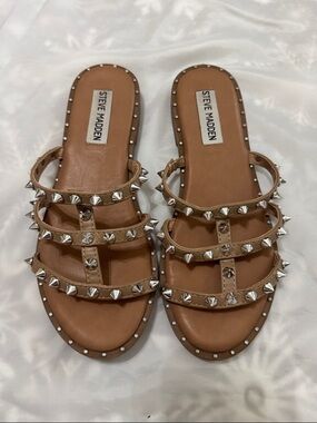 Steve Madden Tan Multi-Strap Stud Slide Sandals